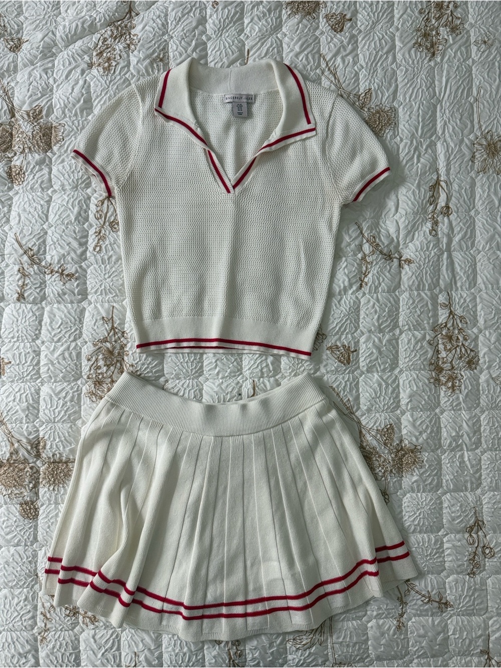 Sincerely Jules Cream Mini Skirt Set with Red Trim